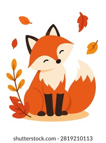 Cute fox sitting in autumn leaves illustration with warm woodland colors for seasonal poster sticker nursery card and animal fall design