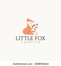 Cute Fox Sitting With a heart grabbing a flower Heart Vector Cartoon Icon Illustration, Flat Cartoon Style Concept Natural Animal Icons Vector Premium.