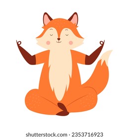 Cute fox sitting in lotus pose. Little fox yoga practice, forest animal vector illustration