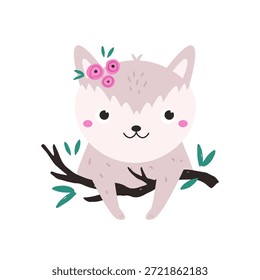Raposa Bonitinha Sentada no Ramo com Flores. Desenho Animado doce Woodland Animal Vetor Ilustração para Crianças