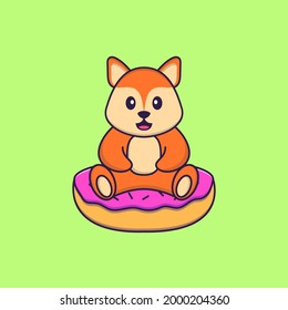 Cute fox is sitting on donuts. Animal cartoon concept isolated. Can used for t-shirt, greeting card, invitation card or mascot.