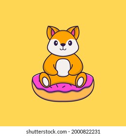 Cute fox is sitting on donuts. Animal cartoon concept isolated. Can used for t-shirt, greeting card, invitation card or mascot.