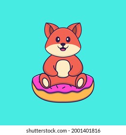Cute fox is sitting on donuts. Animal cartoon concept isolated. Can used for t-shirt, greeting card, invitation card or mascot.