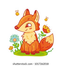 Cute fox sitting on grass with flowers and bees in cartoon style. Vector clip art illustration for children.