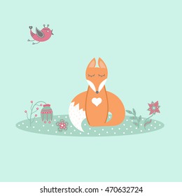 Cute fox sitting on lawn in forest with bird and flowers in cartoon style. Animal symbol. Perfect for design, cards, invitations, birthdays and weddings