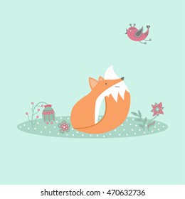Cute fox sitting on lawn in forest with bird and flowers in cartoon style. Animal symbol. Perfect for design, cards, invitations, birthdays and weddings
