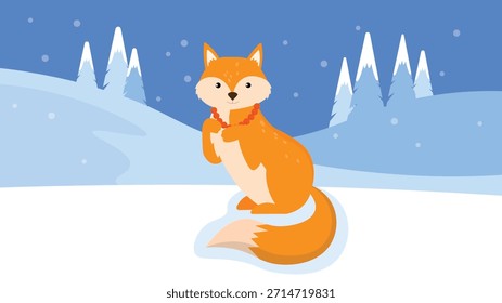 Raposa bonita sentada na neve na floresta de inverno. Ilustração vetorial.