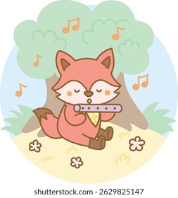 Cute fox sitting under a tree and playing a flute with soft music notes, enjoying a peaceful outdoor moment at summer camp