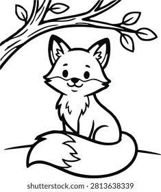 Cute fox sitting under a tree branch illustration in black and white line art