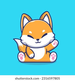 Cute Fox Sitting And Waving Hand Cartoon Vector Icon Illustration. Animal Nature Icon Concept Isolated Premium Vector. Flat Cartoon Style