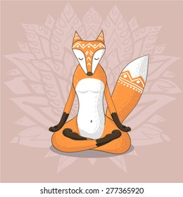 Cute fox sitting in yoga lotus pose and relaxing