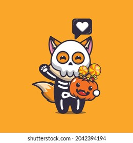 cute fox with skeleton costume holding halloween pumpkin