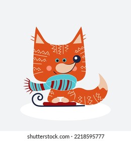 Cute fox with sledge on white background