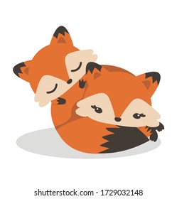 cute fox sleep with baby fox vector