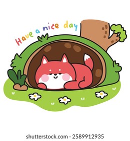 Cute fox sleep in cave on flower garden.Have a nice day text.Tree.Jungle.Wild animal character cartoon design.Kawaii.Vector.Illustration.