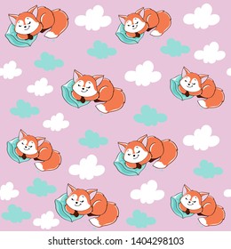 Cute fox is sleeping and clouds on pink background seamless pattern