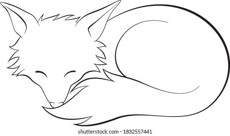 Cute fox sleeping in a curled up pose with closed eyes. Line art illustration for coloring book and page. Black outline on white background, for printing.