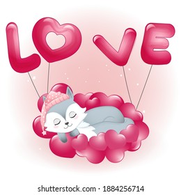 Cute Fox sleeping on hearts valentine's day concept illustration
