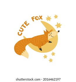 Cute fox sleeping on the moon. Little wild baby animal, sweet cartoon character. Good night, lullaby concept. Hand drawn vector illustration for kids isolated on white. Flat design 