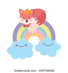 Cute fox sleeping on rainbow with clouds. Cartoon vector illustration for baby shower.illustration