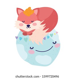 Cute fox sleeping on world with hearts. Cartoon vector illustration for baby shower.
