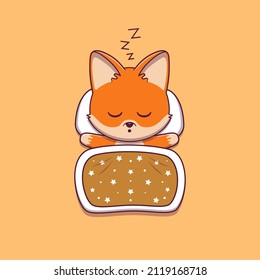 cute fox sleeping with pillow and blanket