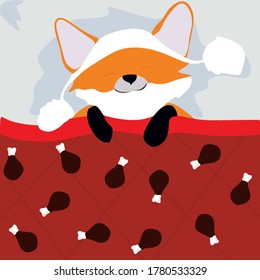 Cute Fox sleeping under a blanket.Red blanket with pictures of meat scabbards.An animal in a home hat for sleeping