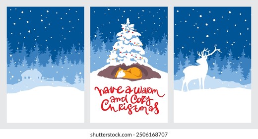 Cute fox sleeps in its burrow under the christmas tree. Abstract winter landscape with forest, small hut and deer. A set vector illustrations. Christmas card with greetings inscription.