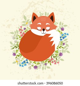 cute fox sleeps in flowers. vector illustration 