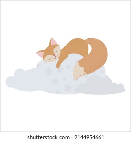 Cute fox sleeps on a cloud. The red fox hides among the clouds. Balloons and airship. Children's illustration, Cute print, vector. Isolated on a white background.