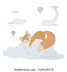 El zorro lindo duerme en una nube. El zorro rojo se esconde entre las nubes. Globos y aviones. Ilustración infantil, impresión cuta, vector. Aislado sobre un fondo blanco.