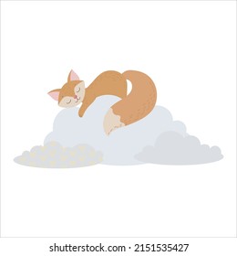 Cute fox sleeps on a cloud. The red fox hides among the clouds. Balloons and airship. Children's illustration, Cute print, vector. Isolated on a white background.
