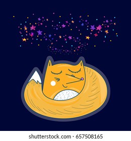 Cute fox sleeps under the stellar sky illustration for children