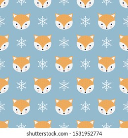 Cute fox and snowflakes seamless pattern. Christmas and New year winter background. Vector 