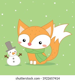Cute fox with snowman in snowy day vector illustration in isolated background