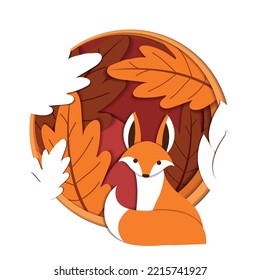 Cute fox with some autumn leaves Autumn paper art Vector