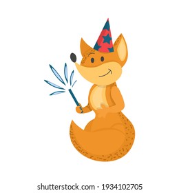 cute fox with sparkler. Vector illustration. cartoon character for postcards for the new year, birthday, for banners, posters, holidays, children books