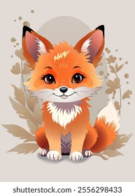 Cute fox with splashes of colors and floral ornament on the light beige background