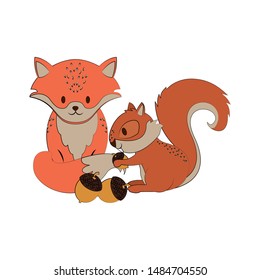 Cute fox and squirrel with nuts cartoons vector illustration graphic design