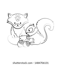 Cute fox and squirrel with nuts cartoons vector illustration graphic design