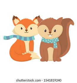 cute fox and squirrel with scarf autumn on white background vector illustration