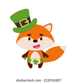 Cute fox in St. Patrick's Day leprechaun hat holds shamrocks. Irish holiday folklore theme. Cartoon design for cards, decor, shirt, invitation. Vector stock illustration.