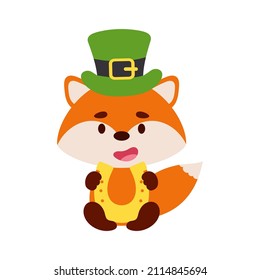 Cute fox St. Patrick's Day leprechaun hat holds horseshoe. Irish holiday folklore theme. Cartoon design for cards, decor, shirt, invitation. Vector stock illustration.