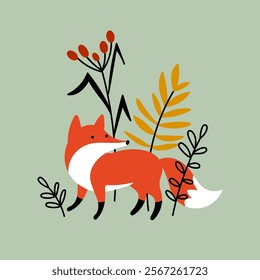 Cute fox standing among forest plants, branches and leaves isolated on green background. Wild animal vector illustration.