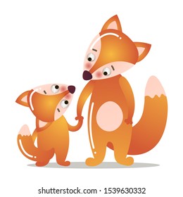 Cute fox is standing with a baby. Vector illustration isolated on white background