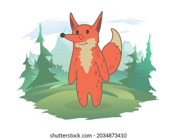 A cute fox standing on a forest lawn, a mountain landscape in the background. Vector illustration, isolated on white.