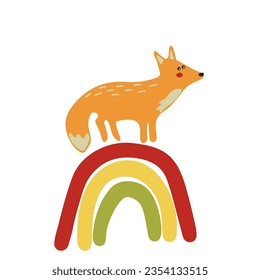 A cute fox standing on a rainbow. Autumn clip-art with an animal. Children's flat design
