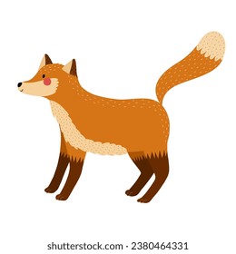Cute fox in a standing position. Forest character in cartoon style for kids design. Woodland animal isolated on white background. Vector illustration