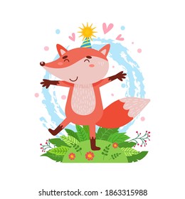 Cute fox stands on a green lawn. Simple illustration on an isolated background. Can be used as a design for office supplies, prints on clothes.