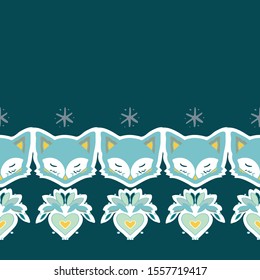 Cute fox, star, heart, hand drawn background. Pastel seamless border with animal. Cute wallpaper, for printing. Folk art background, illustration. Happy New Year. Winter time